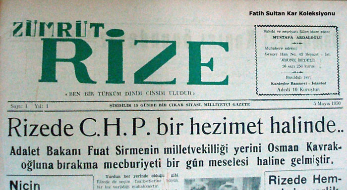 Zümrüt Rize Gazetesi’nin 05 Mayıs 1950 tarihli ilk sayısı