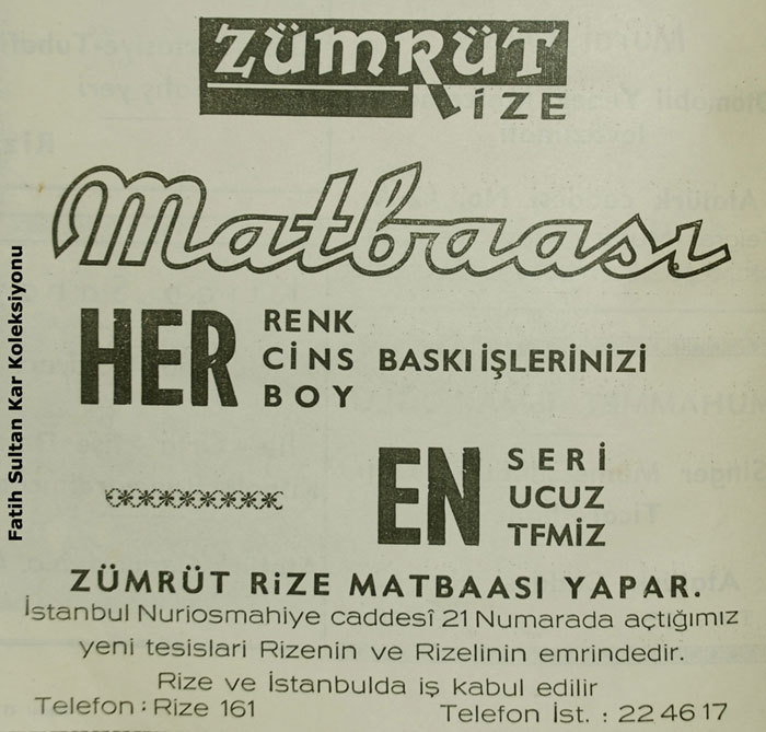 Zümrüt Rize Matbaası’nın Rize Kültür Dergisi’nin Mart 1960 tarih ve 12 sayılı nüshasında yayımlanan reklamı