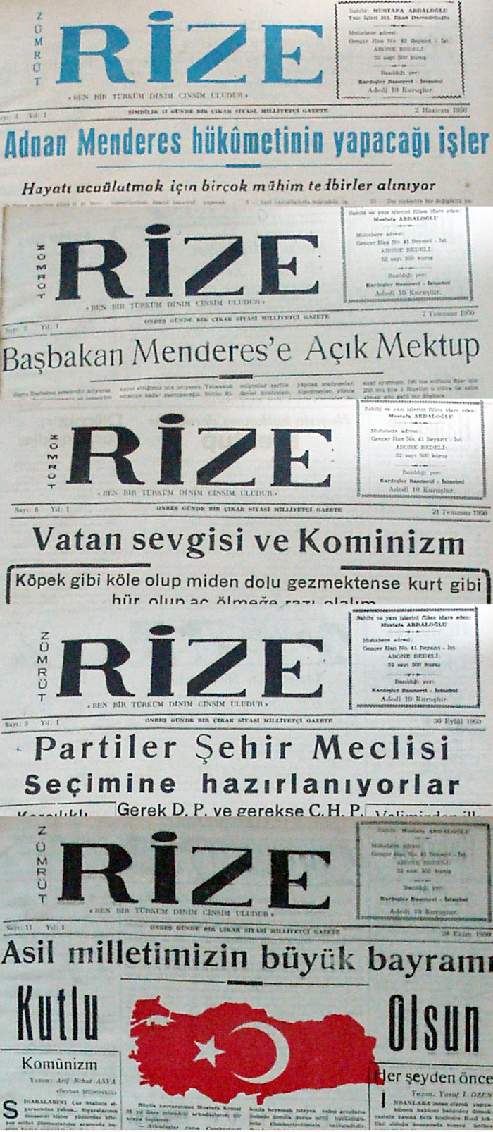 1950 yılına ait Zümrüt Rize Gazetesi Manşetleri