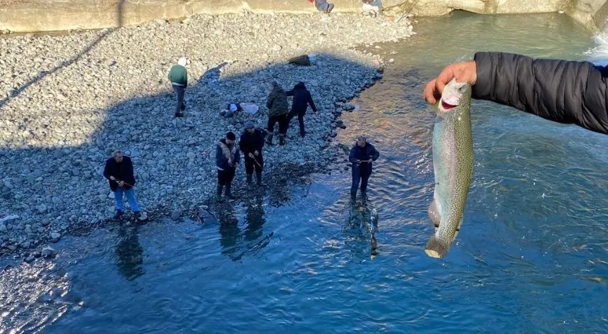 Balık kafesi yırtıldı, dereye doluşan somonları gören oltasını alıp dereye koştu