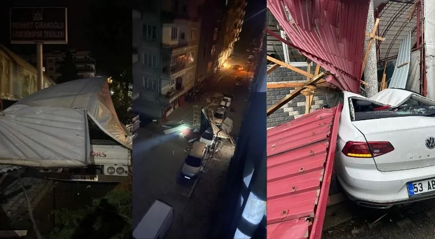 Rize’de fırtına çatıları uçurdu: Araçlar zarar gördü