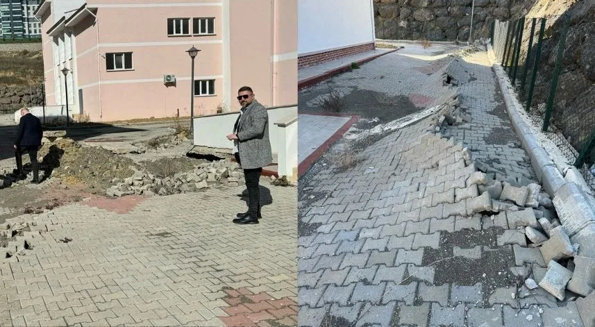 Deprem görmüş gibi: Yeni yapılan okulun bahçesinde göçükler, duvarında çatlaklar oluştu
