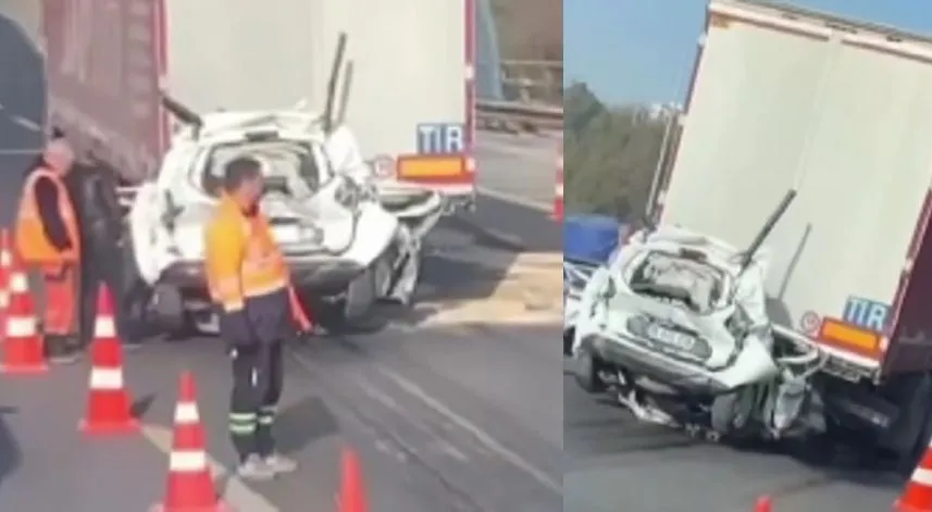 İki tırın arasında kalan araç kağıt gibi ezildi