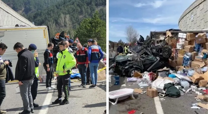 Tır otomobilin üzerine devrildi: 4 ölü, 3 yaralı