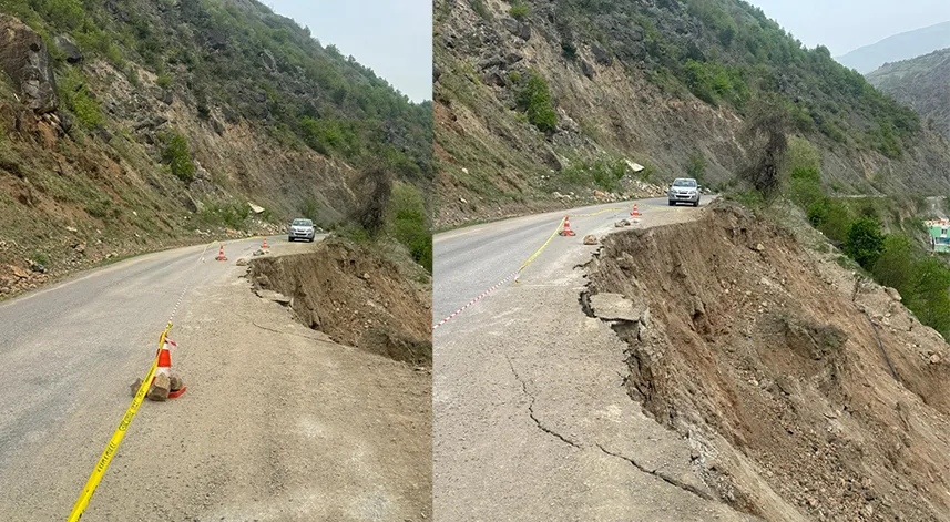 Heyelan nedeniyle kapanan yol kontrollü olarak ulaşıma açıldı