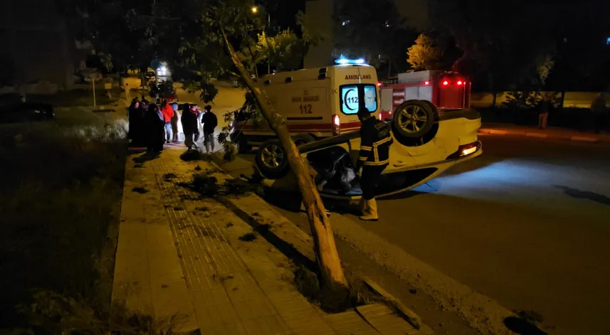 Ağaca çarparak devrilen otomobilin sürücüsü yaralandı