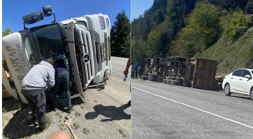 Tomruk yüklü tır devrildi: 1 yaralı