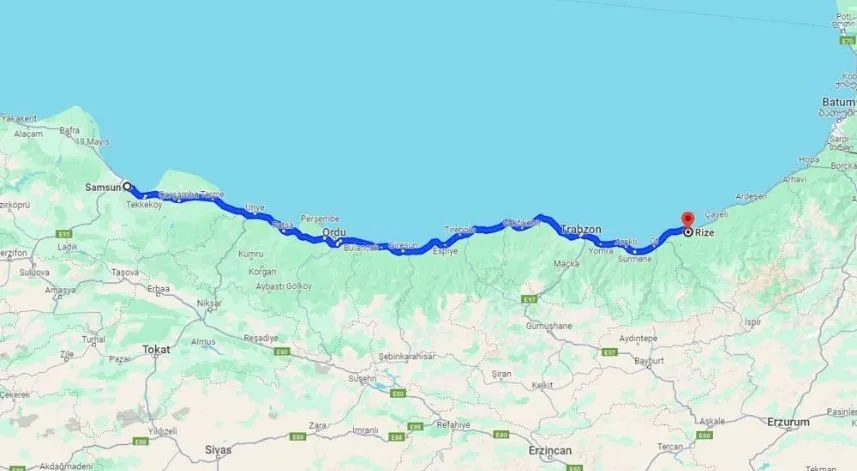 Rize, Samsun arası kaç kilometre