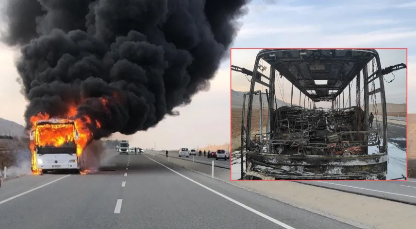 Seyir halindeki otobüs alev alev yandı