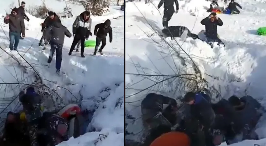 Şambrelle kayarken çukura uçtular