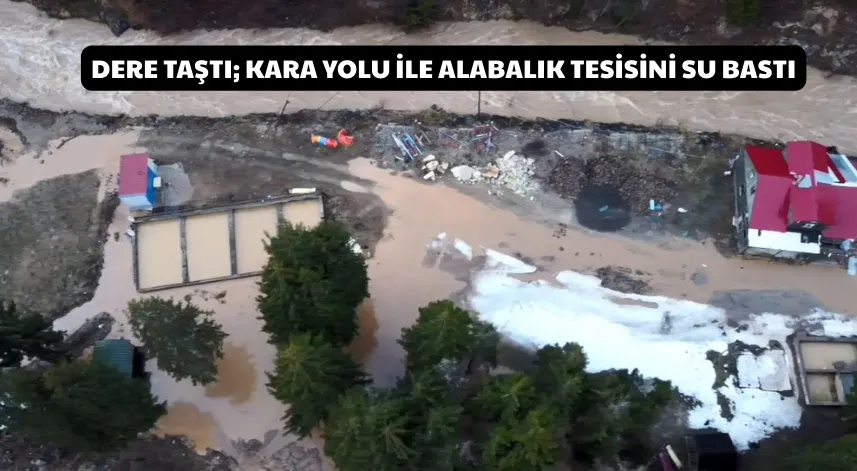 Dere taştı; kara yolu ile alabalık tesisini su bastı
