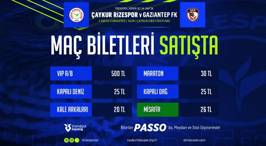 Çaykur Rizespor – Gaziantep FK maçının biletleri satışa çıktı