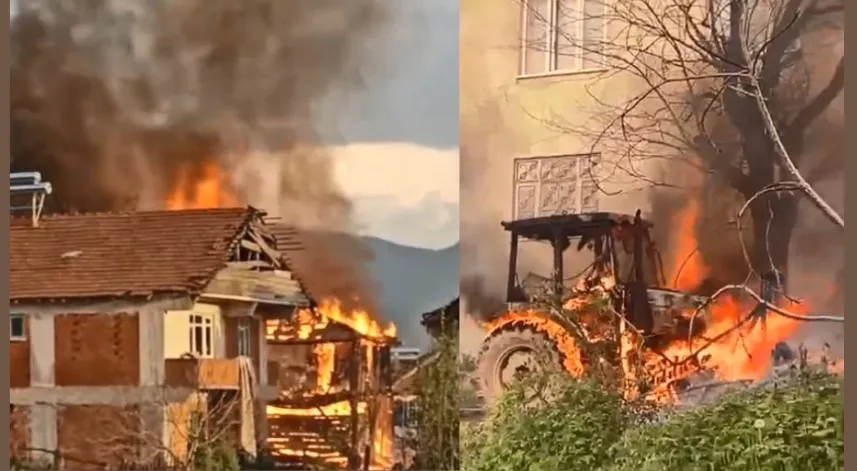Evde çıkan yangın, traktöre sıçradı