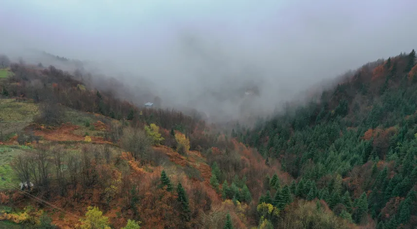 Kastamonu'da sisle birleşen güz renkleri dronla görüntülendi