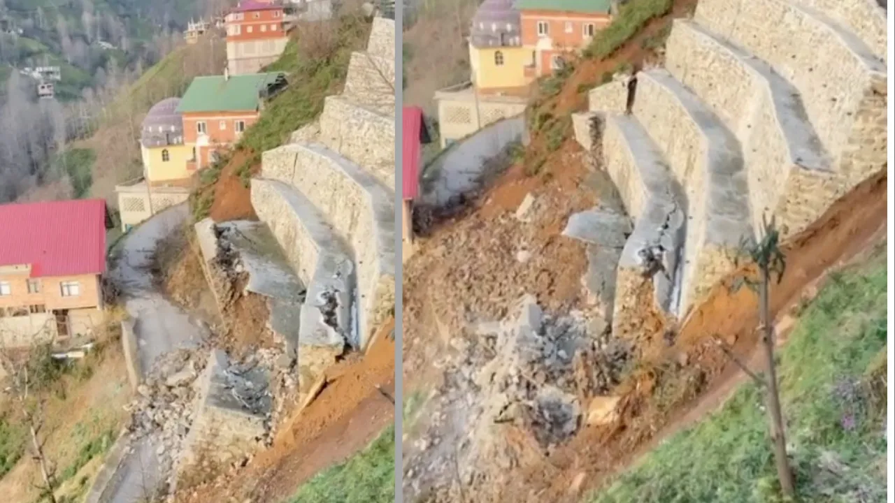 Rize’de heyelan; istinat duvarı çöktü, o anlar kamerada