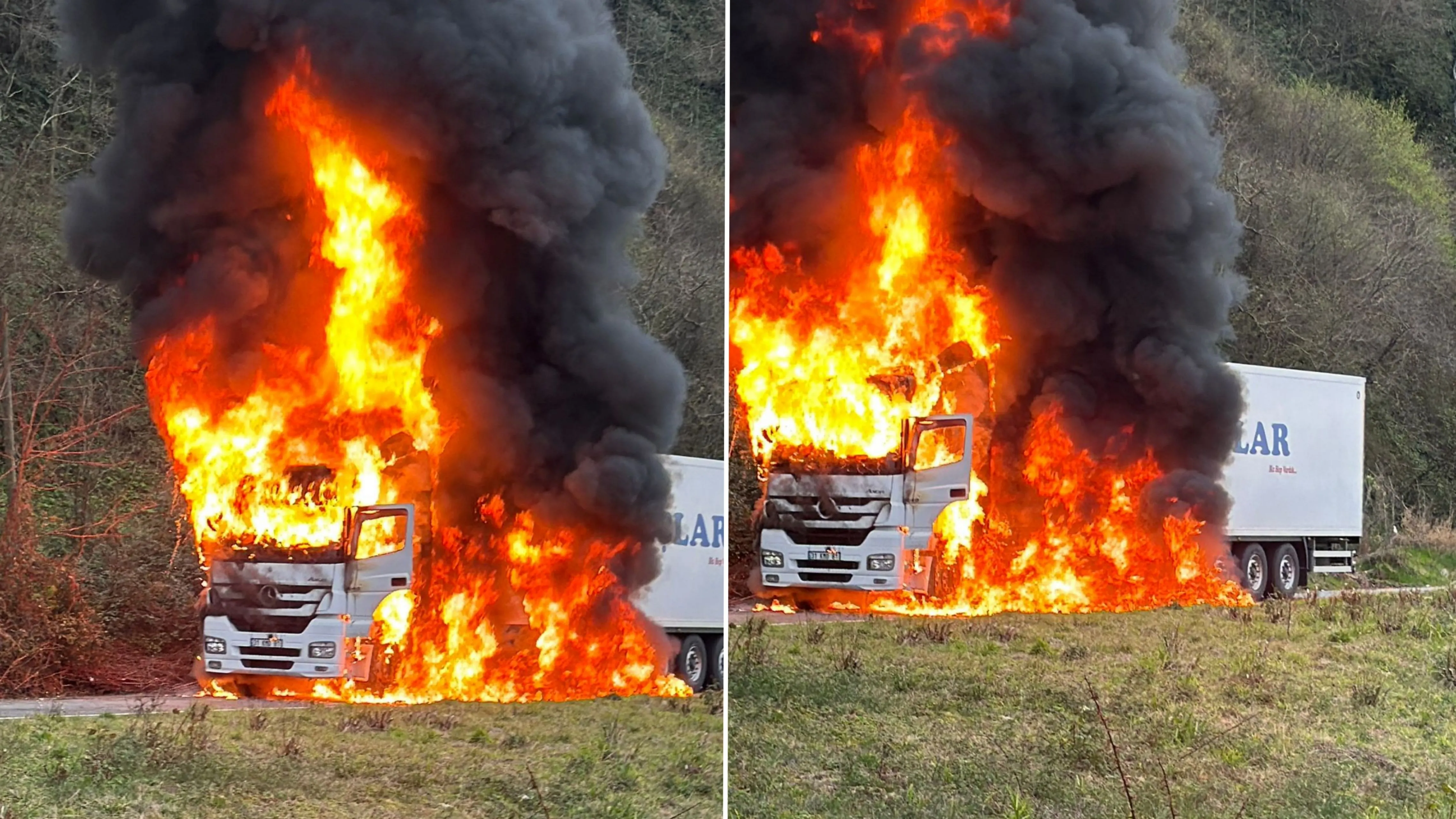 Rize'de mandalina yüklü tır yandı
