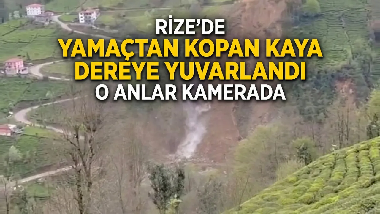 Rize'de yamaçtan kopan kaya, dereye yuvarlandı; o anlar kamerada